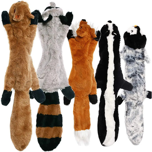 A collection of five plush dog toys, each designed to resemble different animals: a brown squirrel, a gray raccoon, an orange fox, a black and white skunk, and a gray penguin.