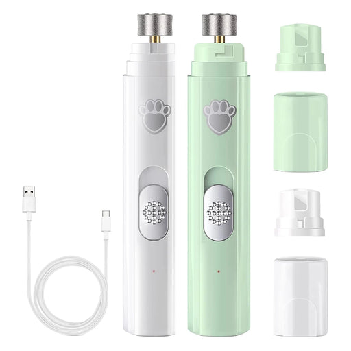 a white and green version of the pet nail grinder with a USB charging cable and detachable grinding head, highlighting its portability and ease of use.