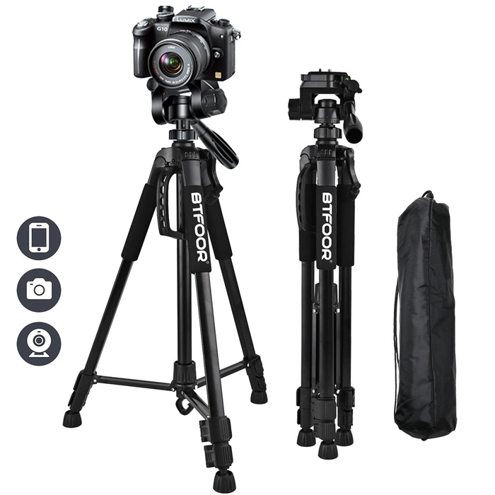 A fully extended tripod with a camera mounted on top, a folded tripod for portability, and a black carry bag, with icons indicating compatibility with smartphones, cameras, and webcams.