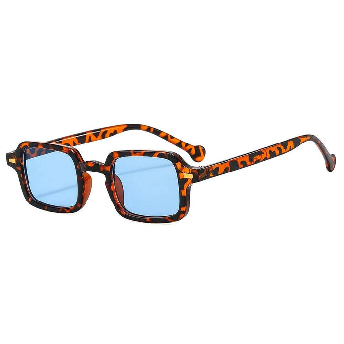 Rectangular Leopard & blue Lenses Sunglasses displayed on a white background.