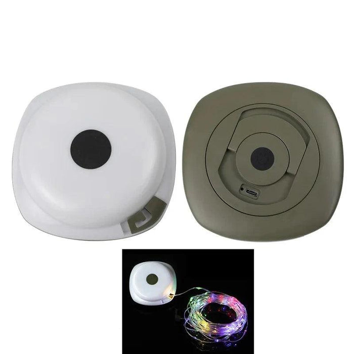 Two views of the green multifunction camping light: front and back, with an image of the light emitting colorful string lights below.