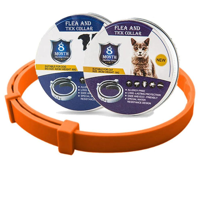 orange flea and tick collar with packaging for both cats and dogs.