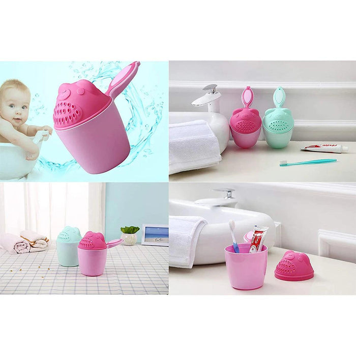 A collage showing pink and mint green baby rinse cups in different bathroom settings, used for holding toothbrushes and other bathroom items, along with a baby enjoying a bath with one of the cups.