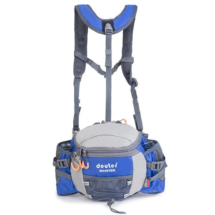 A front view of the blue waist pack highlights its various compartments and storage features. The pack includes multiple zippered pockets, elastic cords for additional gear storage, and dedicated bottle holders on each side. The harness system includes padded shoulder straps for additional support, ensuring comfort during long treks.