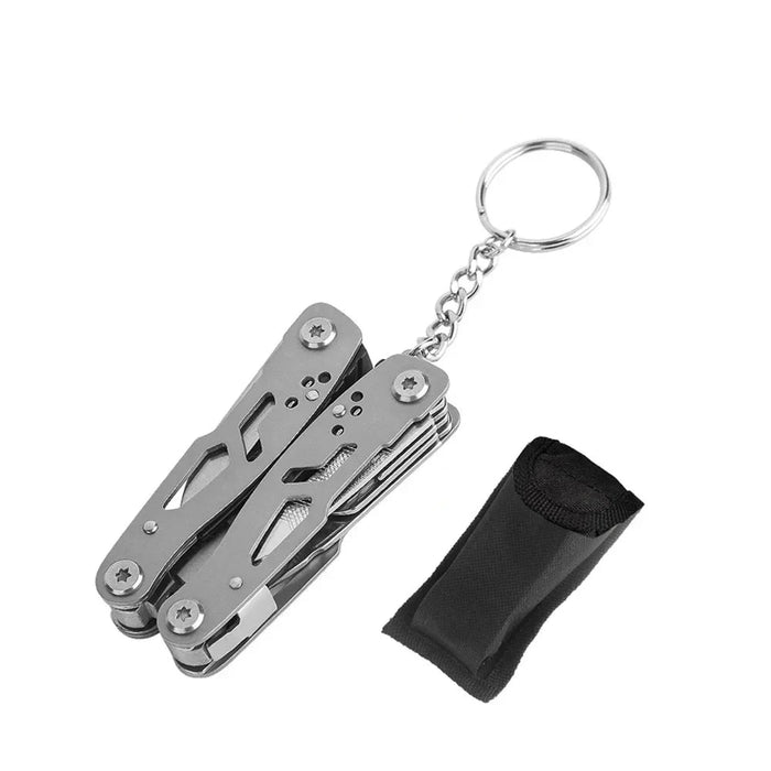 Silver multi-tool plier attached to a keychain, shown alongside a carrying pouch.