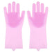 A pair of pink silicone cleaning gloves with rubber bristles on the palms and fingers, displayed against a white background.