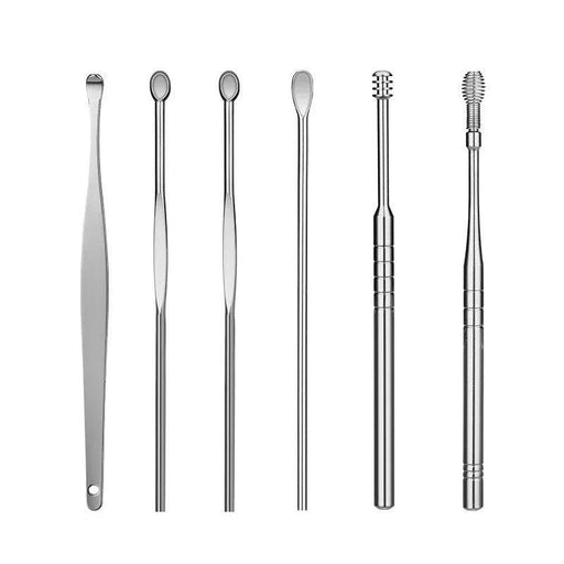 Silver ear cleaning tools set on a white background.