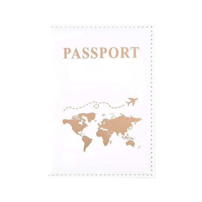 A single white passport holder with a gold world map design and "PASSPORT" in gold text.