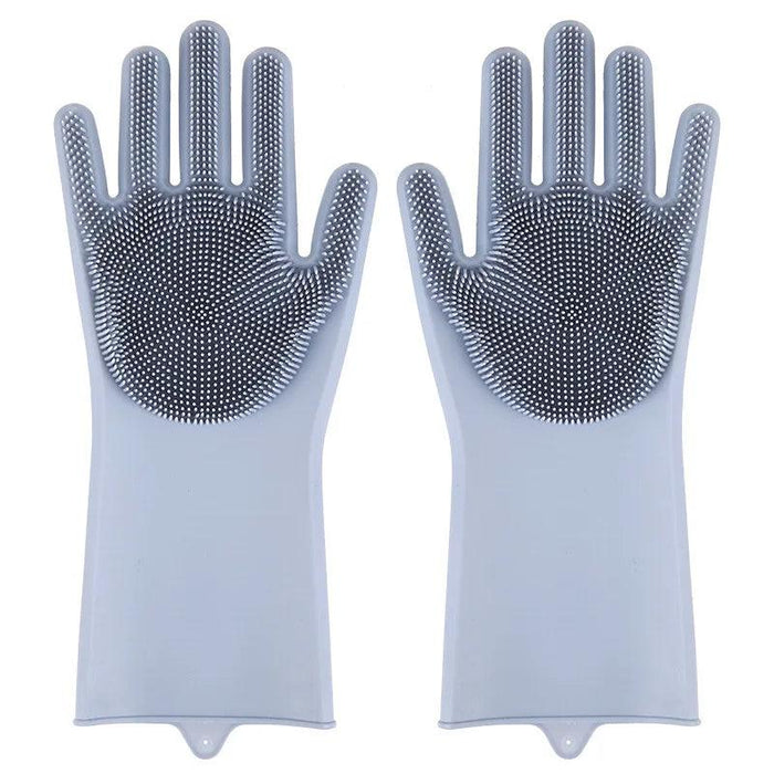 A pair of gray silicone cleaning gloves with rubber bristles on the palms and fingers, displayed against a white background.