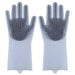 A pair of gray silicone cleaning gloves with rubber bristles on the palms and fingers, displayed against a white background.