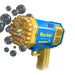 A blue and yellow rocket-shaped bubble gun releasing multiple bubbles. The gun has multiple nozzles and the word "Rocket" printed on the side.