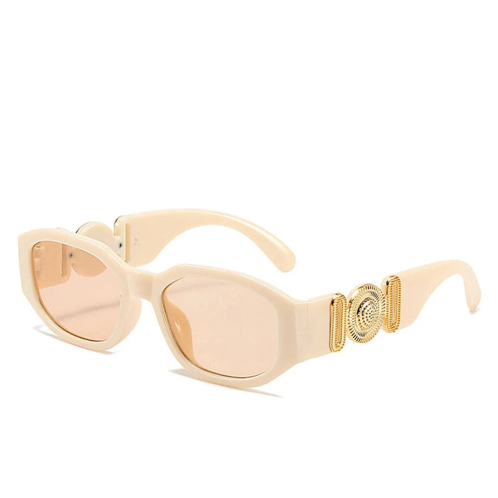 Beige tea sunglasses with gold accents on the arms, showcasing the full frame and design, displayed on a white background.