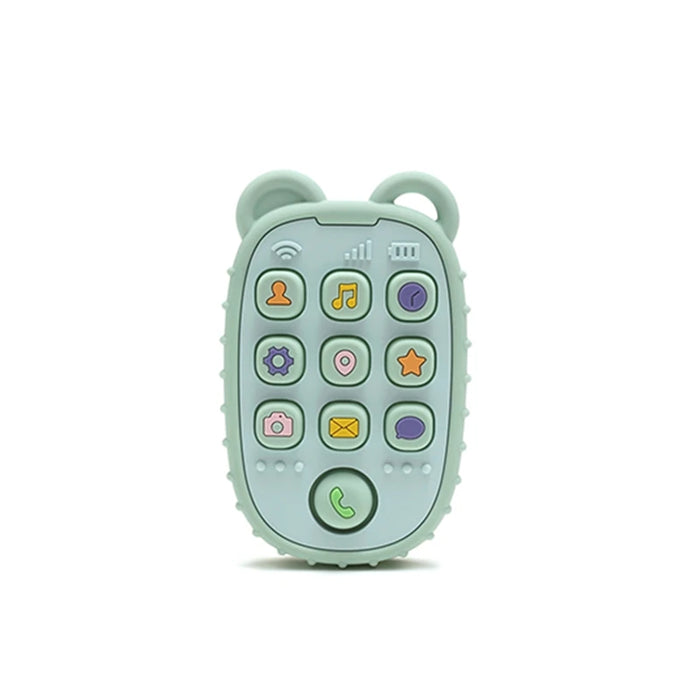 A light green silicone teether designed to look like a phone with colorful buttons and two small loops at the top resembling bear ears.