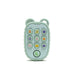 A light green silicone teether designed to look like a phone with colorful buttons and two small loops at the top resembling bear ears.