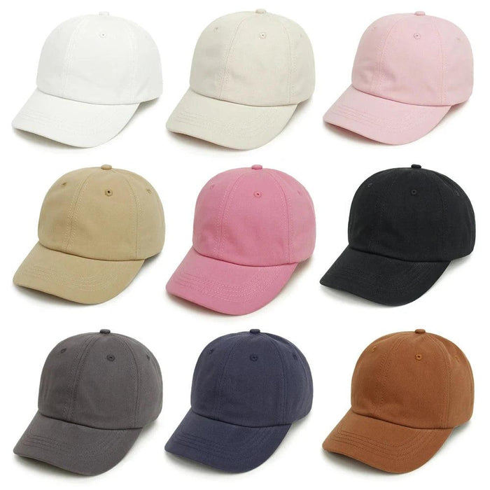 A collection of caps in different colors, including white, beige, pink, black, gray, navy blue, and brown, arranged in a grid pattern.