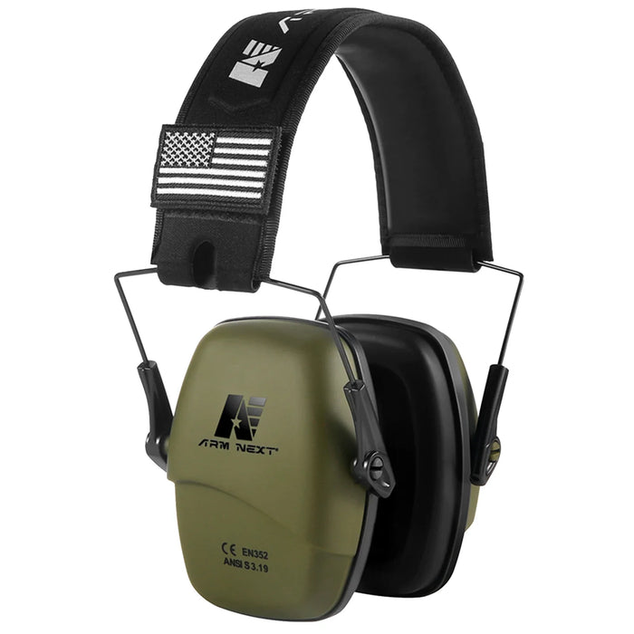 Side view of olive green Arm Next earmuffs, showing the comfortable headband and compact ear cups.