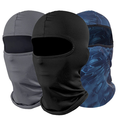 Three balaclavas displayed side by side: gray, black, and blue patterned.