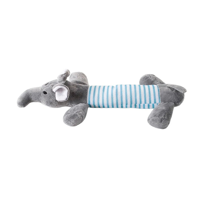 A plush gray elephant  dog toy with a blue and white striped body.