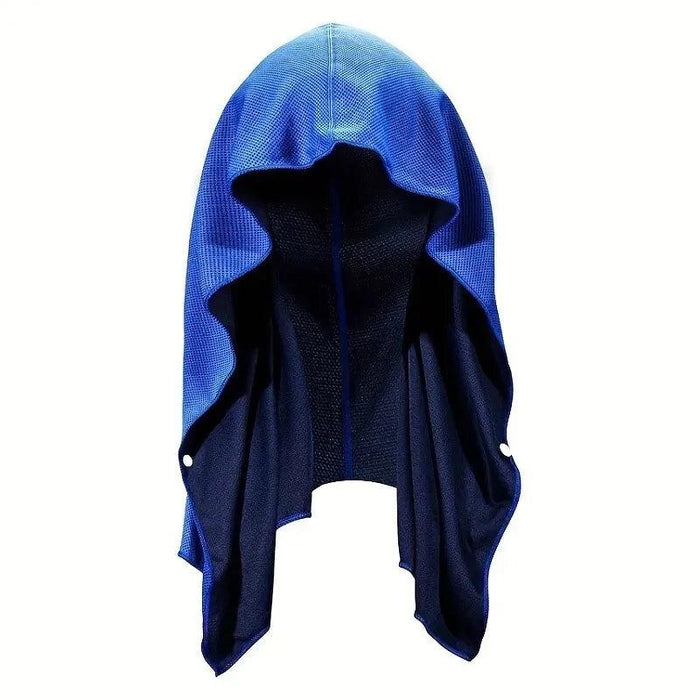 A black hooded garment made from this cooling fabric, featuring a structured design with an overhanging drape that likely covers the head and neck. It’s designed for both functionality and style, providing shade and cooling simultaneously.