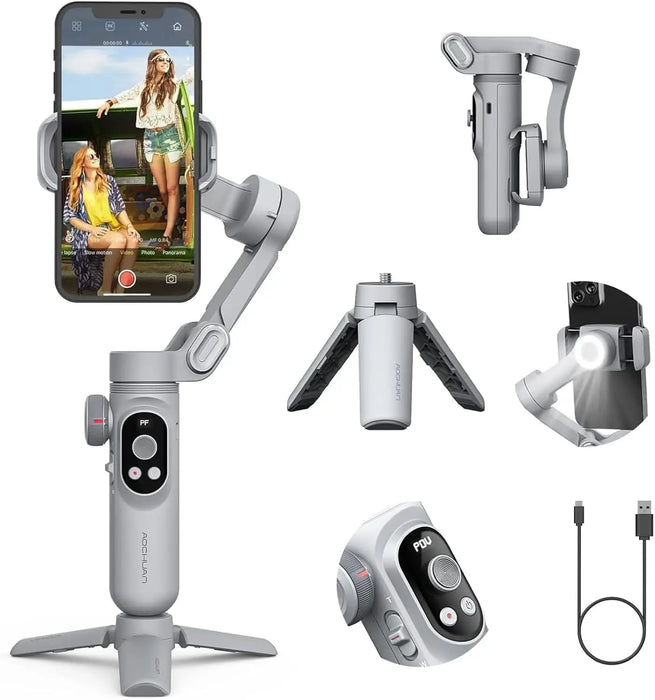 Complete set of the gimbal stabilizer with a smartphone, tripod attachment, control panel, and USB charging cable.