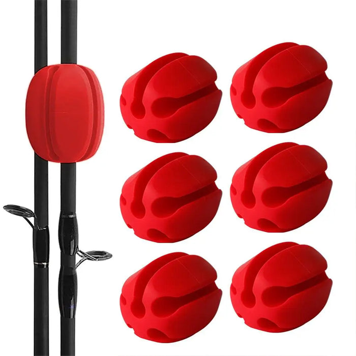 A set of silicone rod holders in red color, with one displayed in use on a fishing rod.