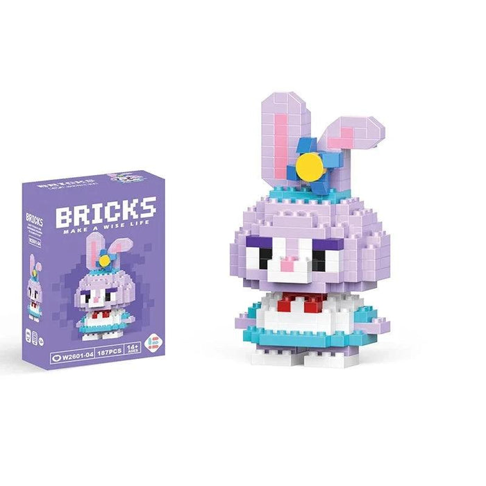 A single block-style toy figure of purple bunny, along with its purple packaging box. Display on white background.