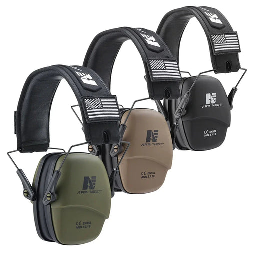 A set of three Arm Next earmuffs in black, tan, and olive green, displaying their stylish and functional design.