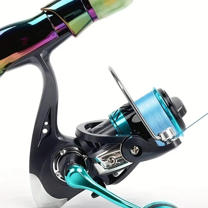 A close-up image of a fishing reel attached to a rod, featuring a sleek design with a blue and black color scheme.