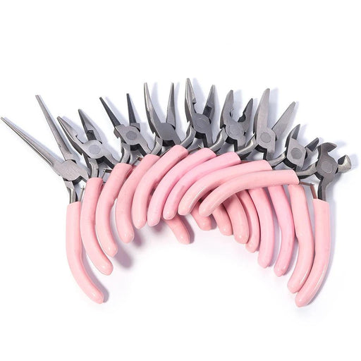 Nine pink jewelry pliers neatly arranged on a white background.