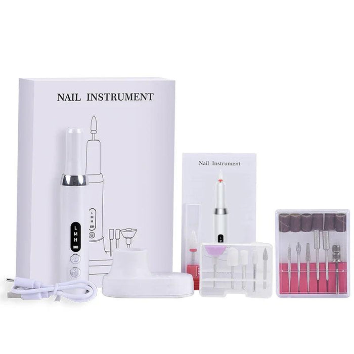 complete nail drill kit, including the nail drill, charging base, various drill bits, sanding bands, and the packaging box labeled "Nail Instrument."