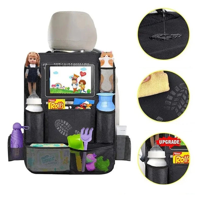 Black car backseat organizer with multiple pockets, holding toys, bottles, and snacks. Insets show water-resistant material and reinforced stitching.