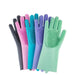 A set of five colorful silicone cleaning gloves arranged in a fan pattern. The colors include black, pink, turquoise, blue, purple, and green. Each glove features rubber bristles on the palm and fingers.