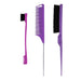 Three combs: a small purple brush, a purple fine-tooth comb with a metal handle, and a purple multi-tooth hairbrush.