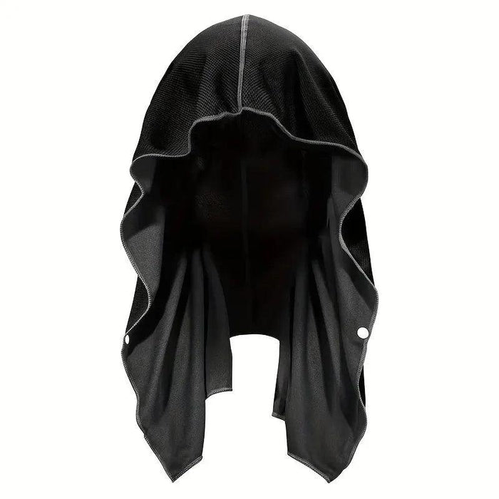 A black hooded garment made from this cooling fabric, featuring a structured design with an overhanging drape that likely covers the head and neck. It’s designed for both functionality and style, providing shade and cooling simultaneously.