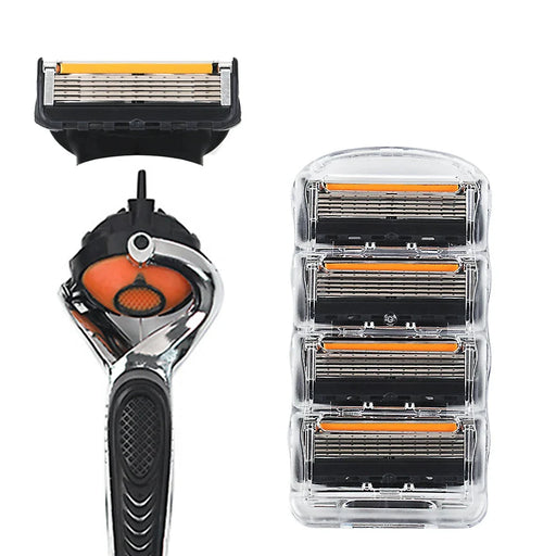 A men's razor with a close-up of the razor head and four extra razor heads in a plastic case, shown on a white background.