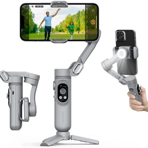 Various views of the gimbal stabilizer in use, including a smartphone filming a video and the gimbal's LED light feature.