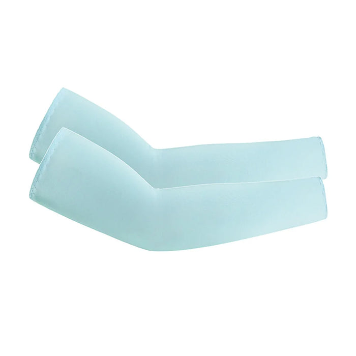 Light blue arm sleeves for UV protection and sports activities. Display on white background.