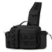 A front view of the black sling bag showcases its overall design, including the adjustable shoulder strap with additional pockets for smaller items. The bag’s layout and attachment points are ideal for hands-free carrying while keeping essential gear within reach.