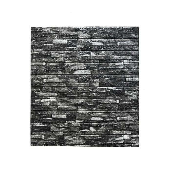 A wall panel with a dark gray, stacked stone design.