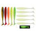 A set of eight colorful soft plastic paddle tail fishing lures displayed in a row, featuring various vibrant colors like yellow, red, orange, and green, some with glitter. Next to them is a set of pale lures that glow green in the dark, as shown in a small inset image.