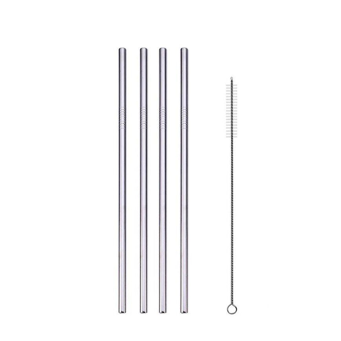 Set of four straight metal straws with a cleaning brush.