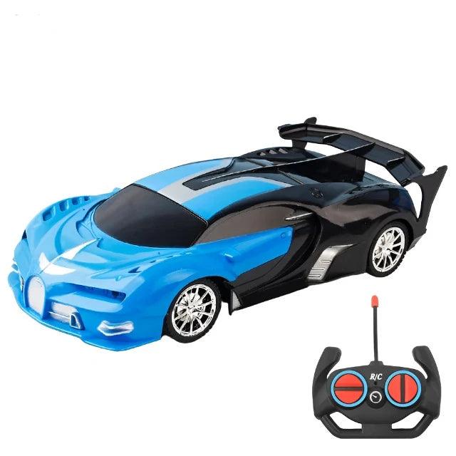  A shiny light blue and black sports car with black accents and an accompanying remote control. The car features a sleek, aerodynamic design and large rear spoiler.