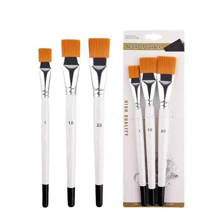 Three white-handled flat paintbrushes with orange bristles alongside a packaging of three similar brushes.