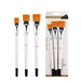 Three white-handled flat paintbrushes with orange bristles alongside a packaging of three similar brushes.