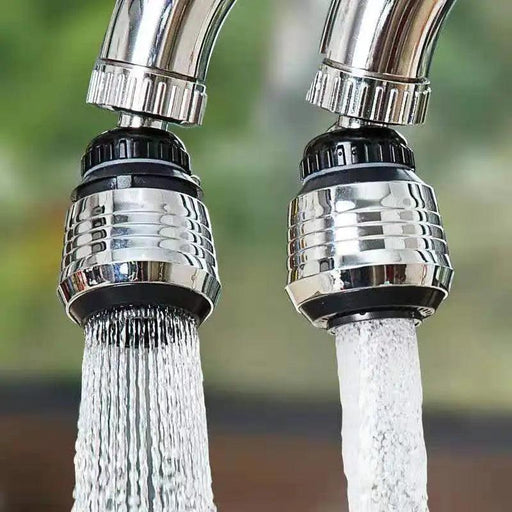 Close-up of two faucet sprayers attached to a faucet, each displaying different water flow patterns: one wide spray and one narrow stream.