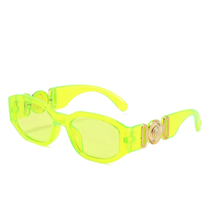 Green sunglasses with gold accents on the arms, showcasing the full frame and design, displayed on a white background.