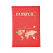 A single red passport holder with a gold world map design and "PASSPORT" in gold text.