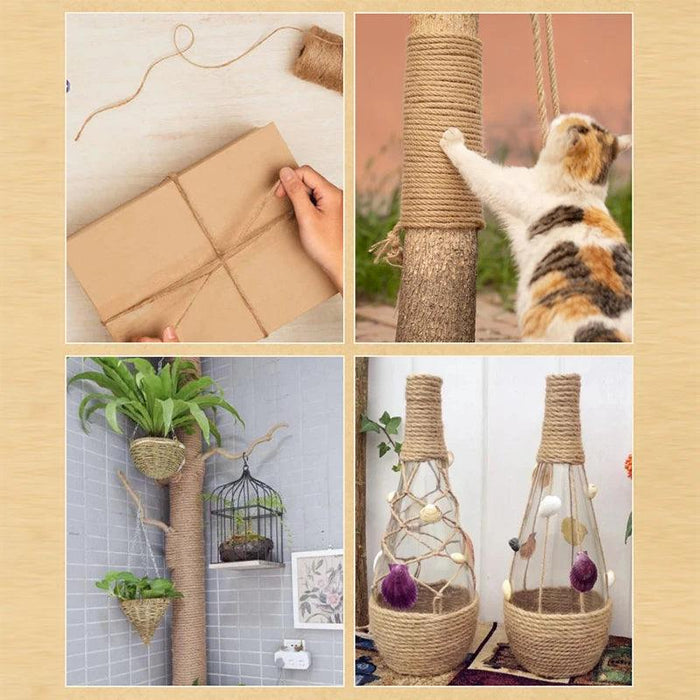 Collage of DIY projects using jute twine and rope. Examples include wrapping packages, creating cat scratch posts, decorating planters, and crafting decorative bottles and vases. These projects highlight the versatility of jute twine in both functional and decorative applications.