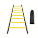 Yellow and black Agility Ladder with black bag display on white background.