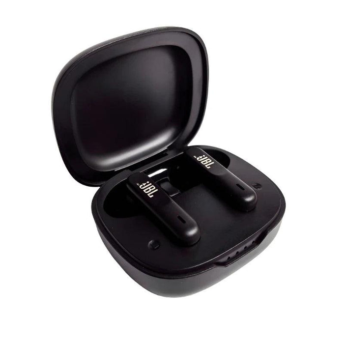 Black JBL wireless earbuds inside an open charging case.